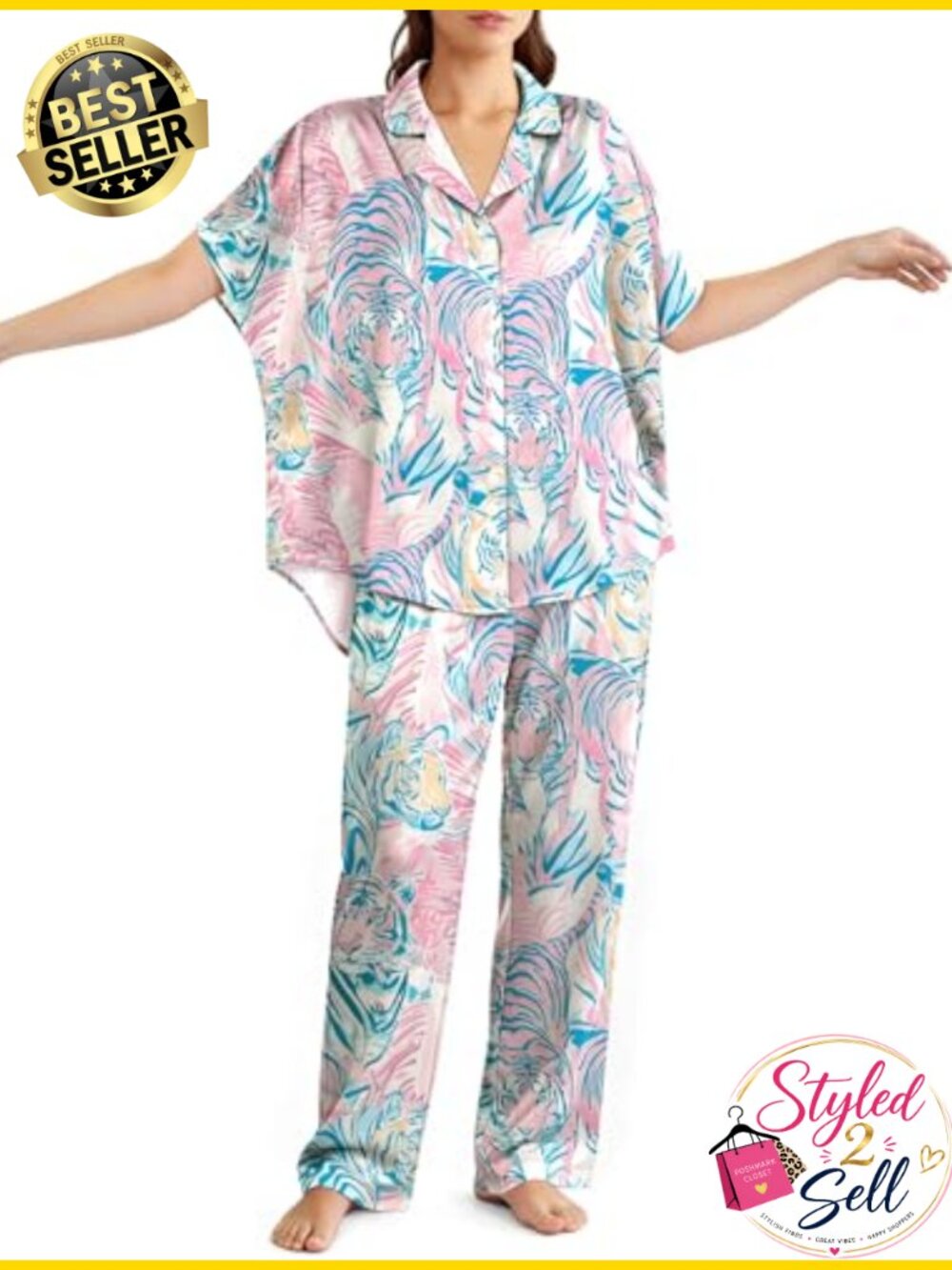 Satin Silk Pajama Set Womens 2 Piece Batwing Sleeve Notch Collar Pockets